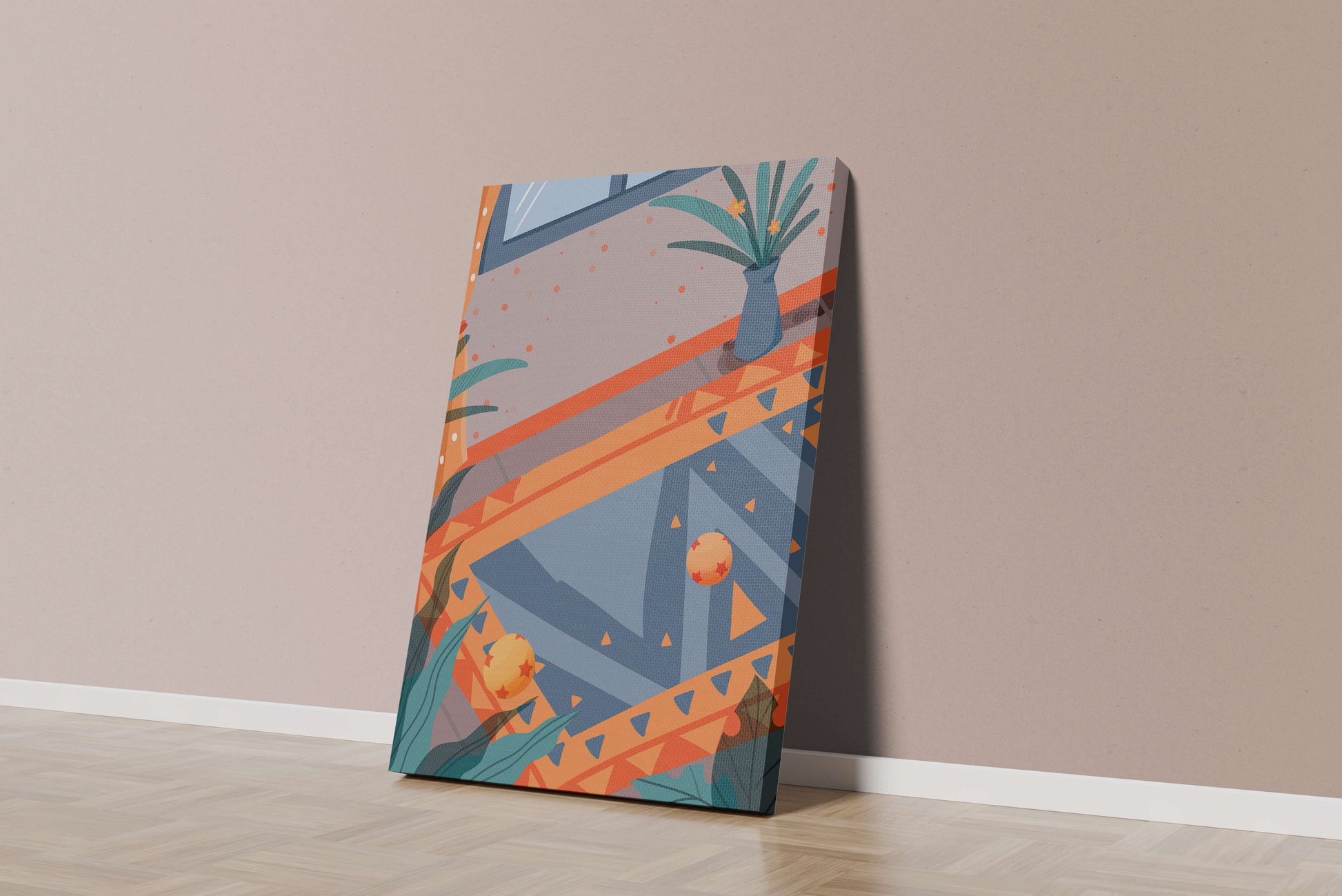 Interior abstracto moderno con patrones geométricos y planta