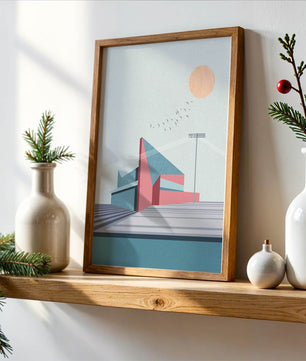 Ilustración arquitectónica moderna con diseño geométrico y atardecer
