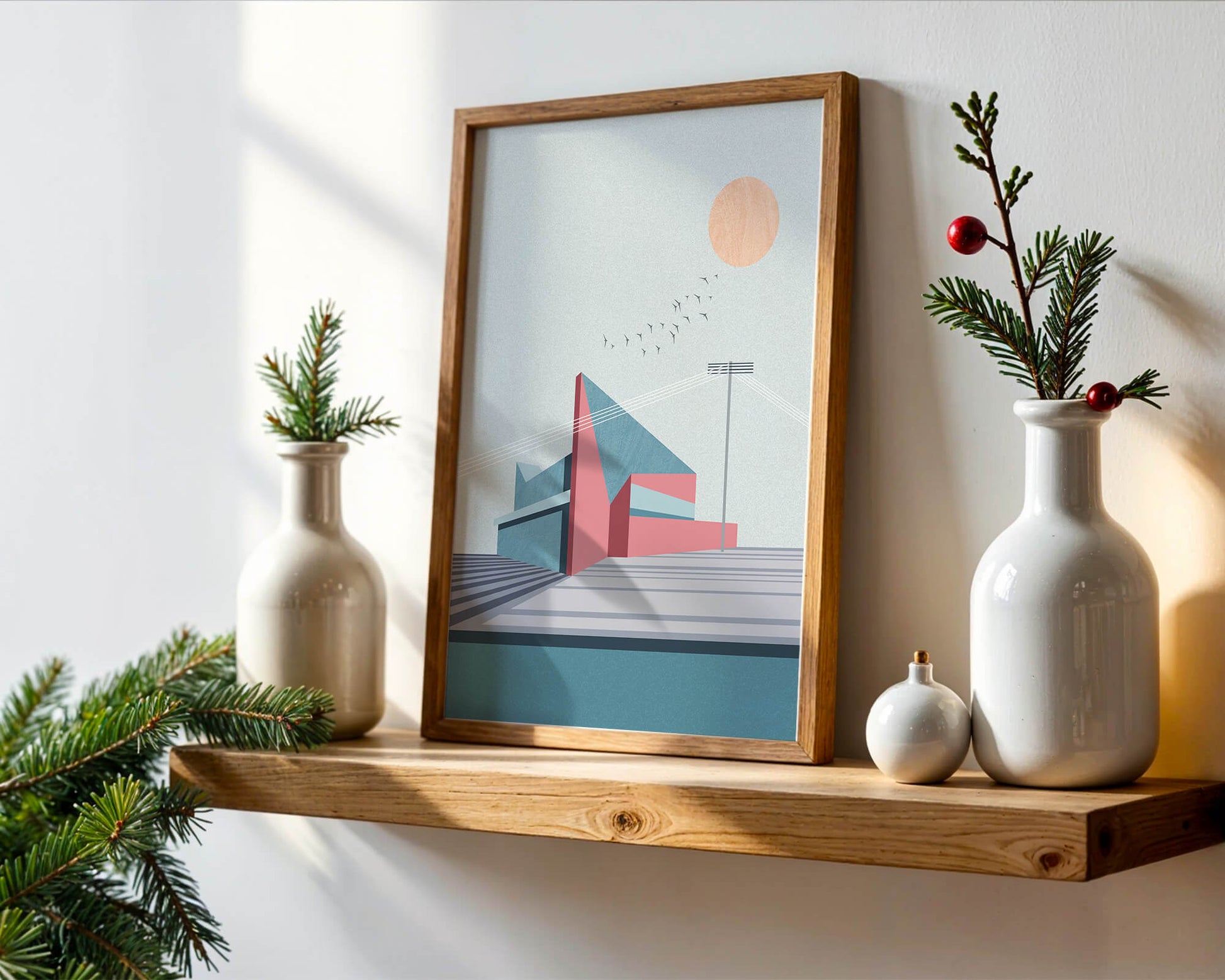 Ilustración arquitectónica moderna con diseño geométrico y atardecer