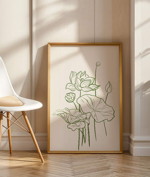 Botanische Illustration einer Lotusblume mit grüner Strichzeichnung auf weißem Hintergrund