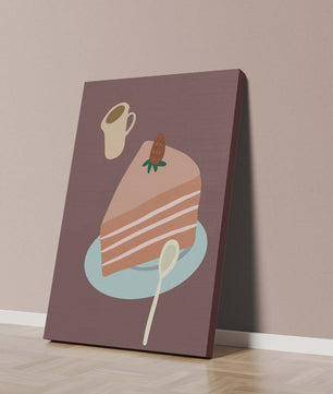 Ilustración de una porción de pastel con fresa y café