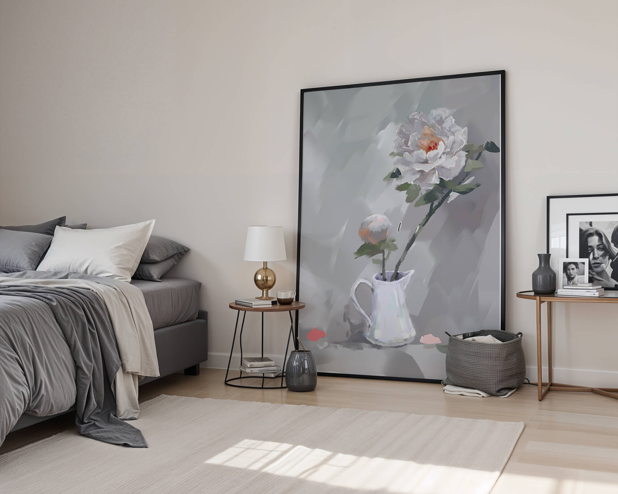 Elegant white peonies in a ceramic jug with soft pastel background