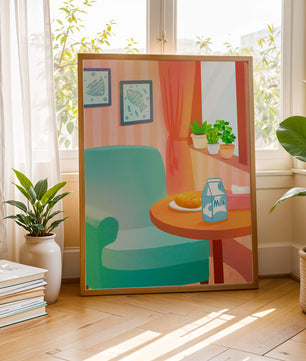 Sala de estar acogedora con mesa y cartón de leche