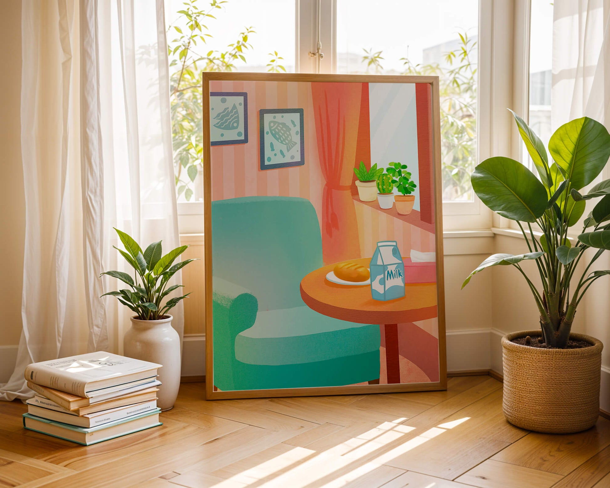 Sala de estar acogedora con mesa y cartón de leche