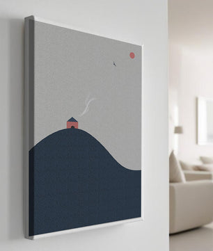 Minimalistische Landschaft mit Haus auf einem Hügel und Sonnenuntergang