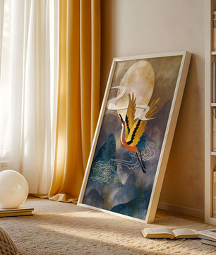 Majestic Gold-Crimson Crane Flying Over Misty Mountains in Moonlight