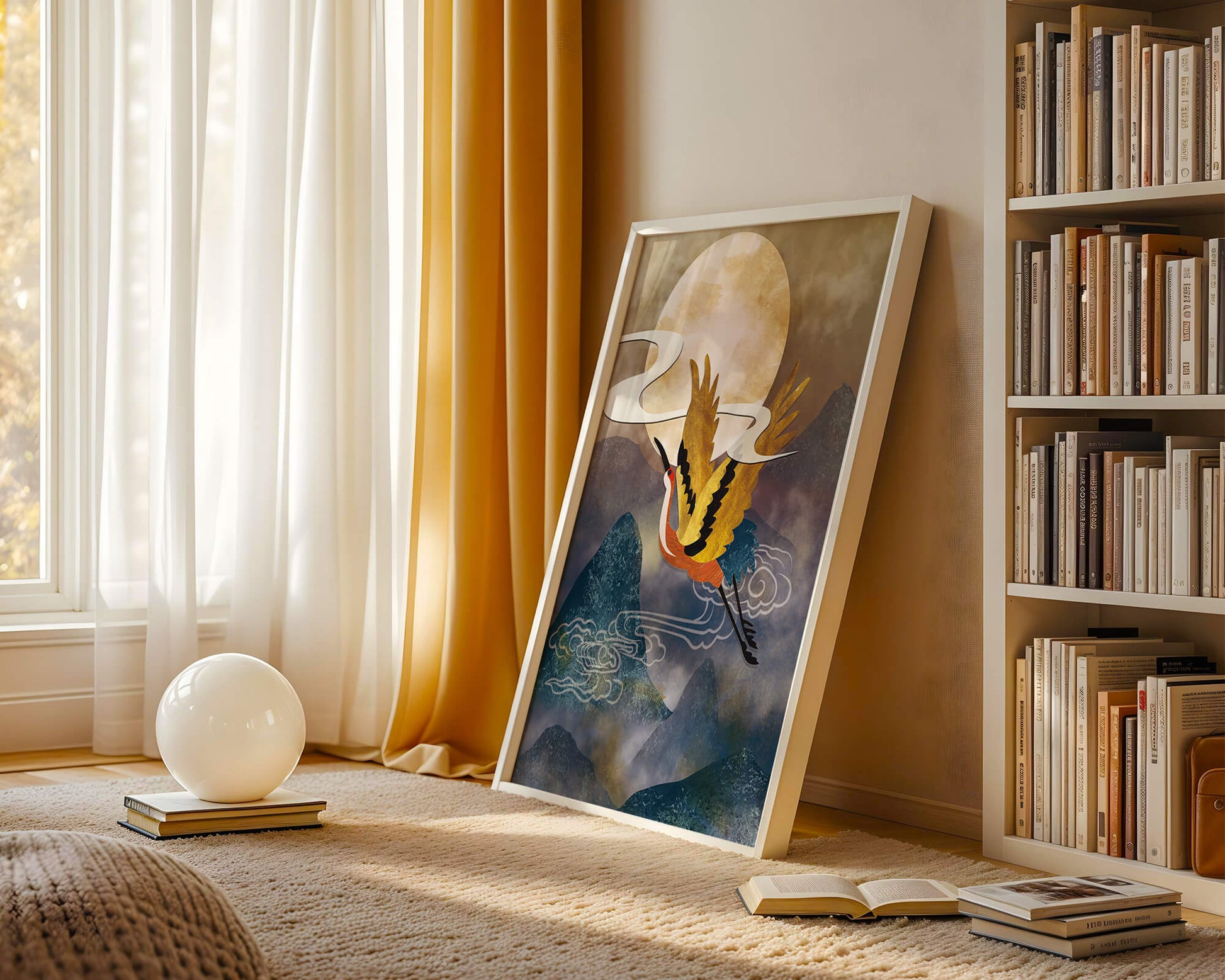 Majestic Gold-Crimson Crane Flying Over Misty Mountains in Moonlight