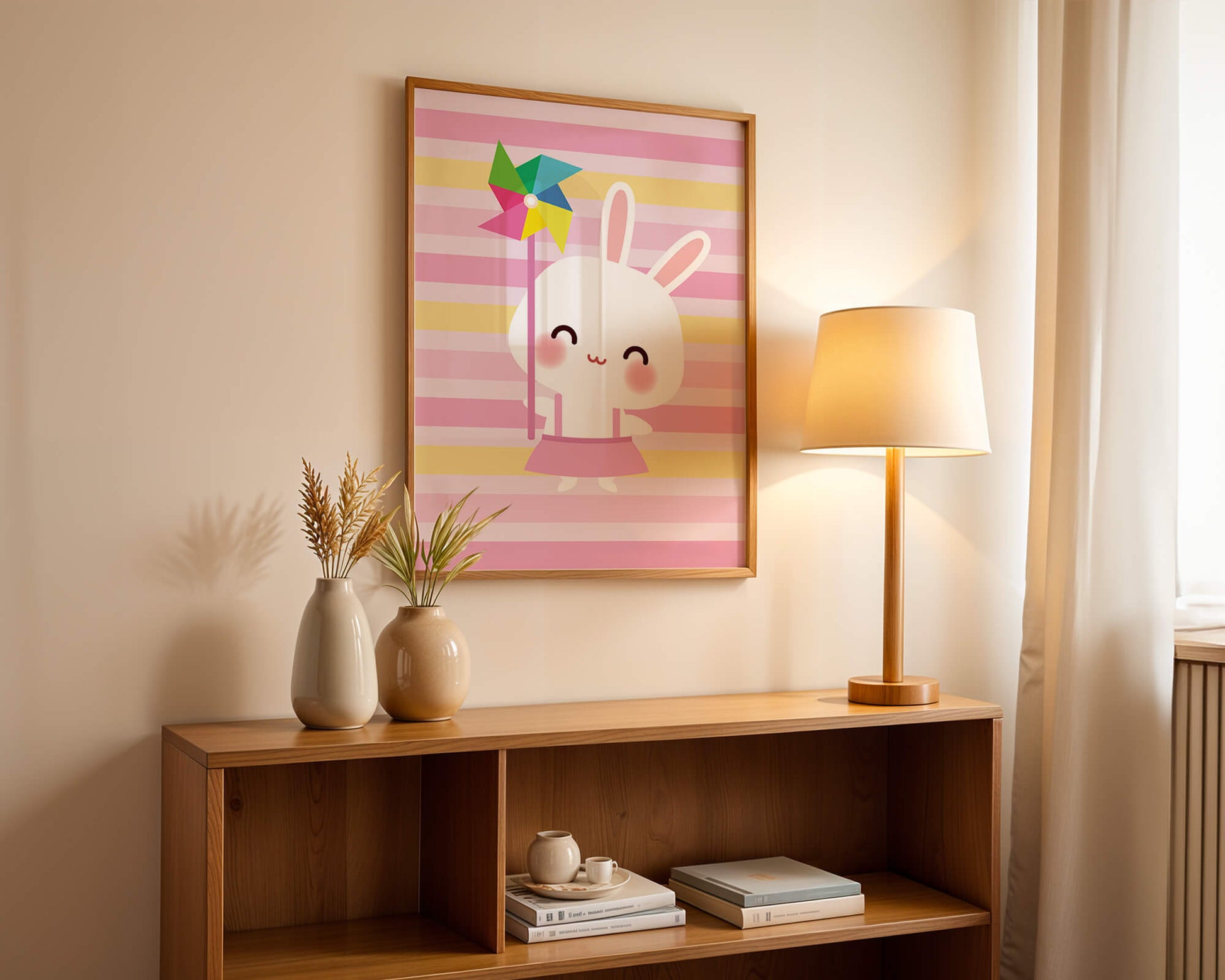 Adorable bunny with pinwheel on pastel striped backdrop