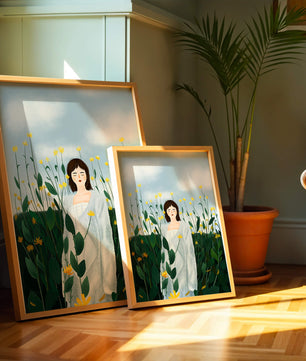 Femme en manteau blanc parmi les fleurs jaunes