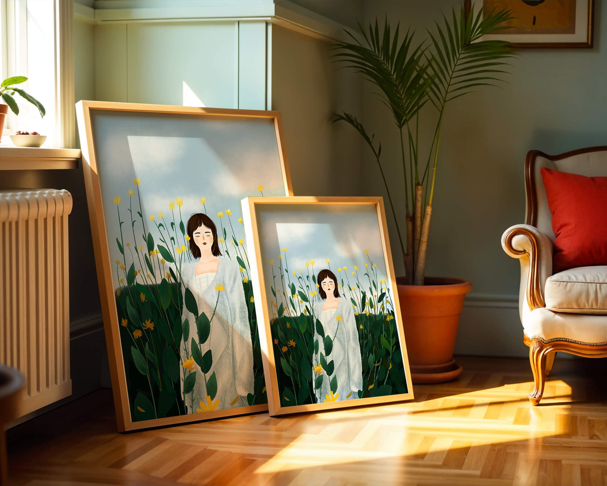 Mujer con abrigo blanco entre flores amarillas
