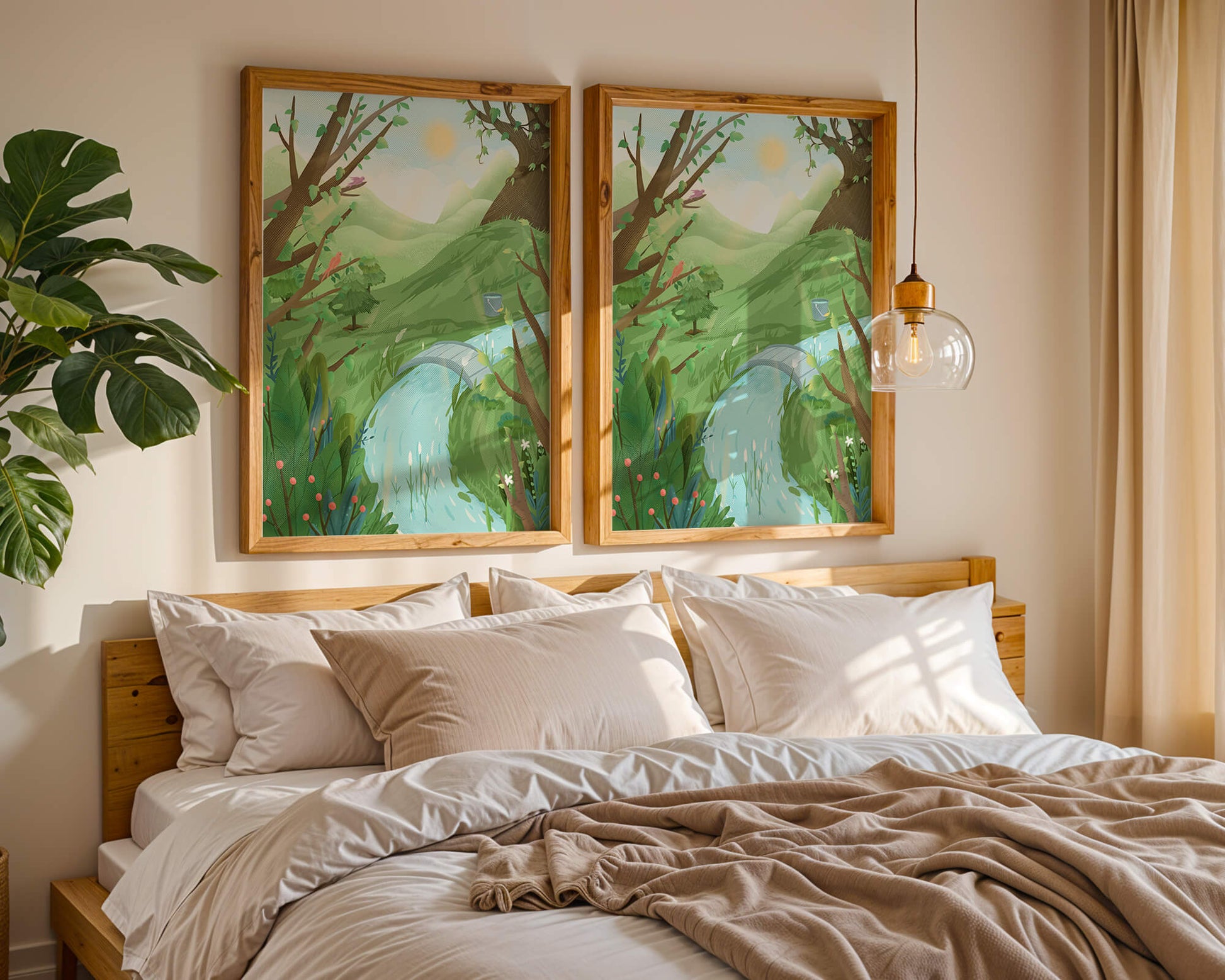 Paisaje sereno con aves y río bajo un cielo soleado