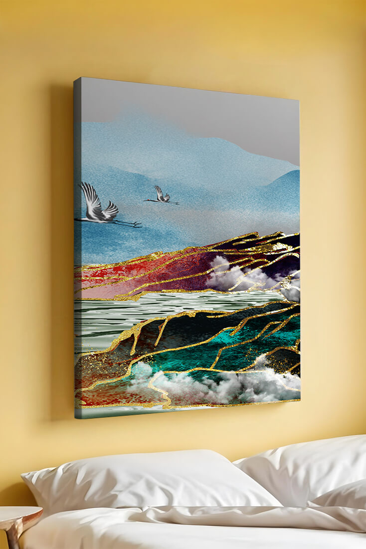 Majestic Landscape With Flying Cranes And Golden Accents