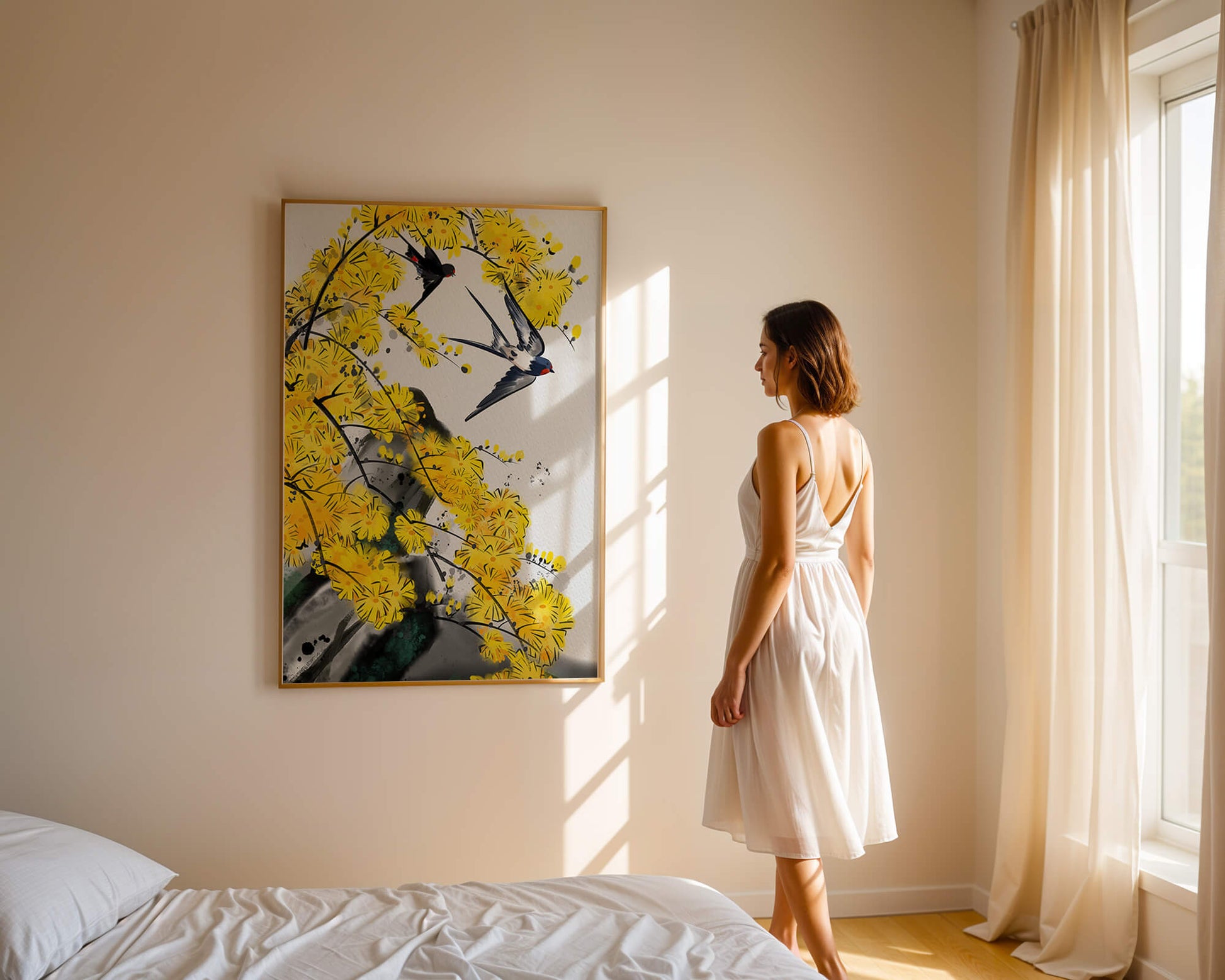 Artistic depiction of swallows amid vibrant yellow blossoms