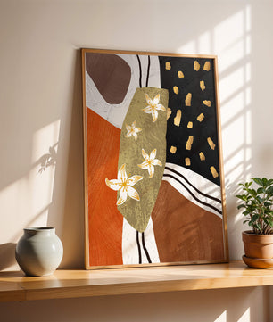 Abstract floral artwork with gold accents and earthy tones