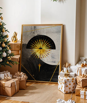 Abstract cosmic design featuring golden sunburst and celestial elements