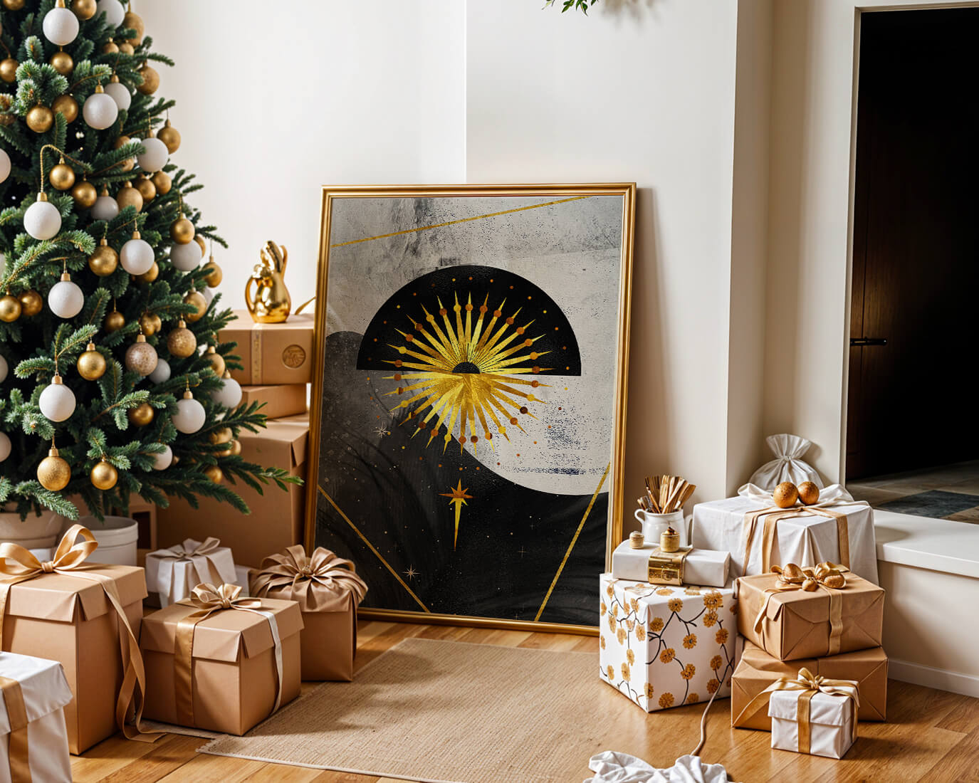 Abstract cosmic design featuring golden sunburst and celestial elements