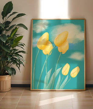Stylized yellow tulips against a cloudy blue sky background