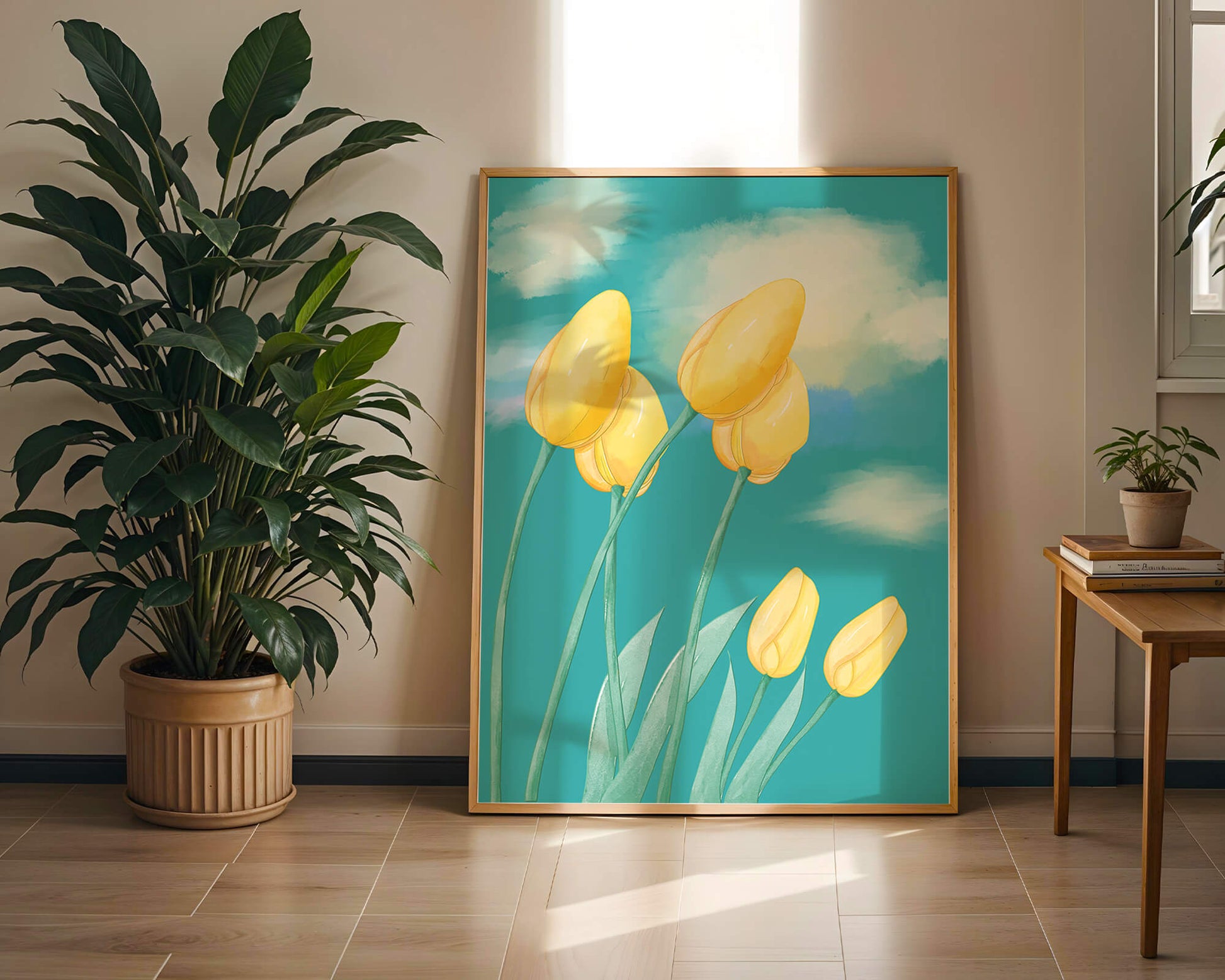Stylized yellow tulips against a cloudy blue sky background