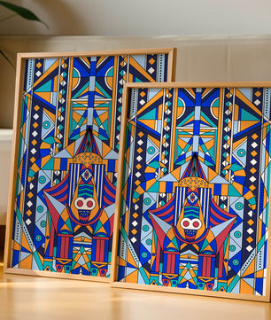 Arte tribal abstracto geométrico con patrones simétricos en azul y naranja