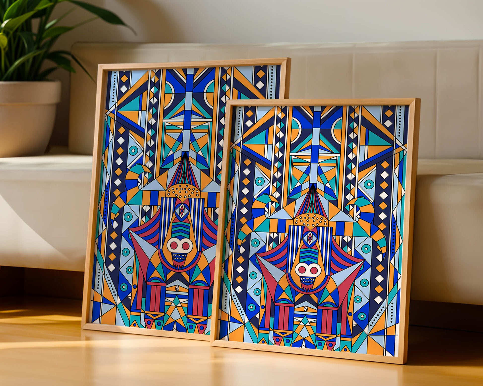 Arte tribal abstracto geométrico con patrones simétricos en azul y naranja