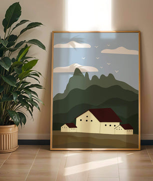 Paisaje minimalista de montaña con casas y pájaros en el cielo