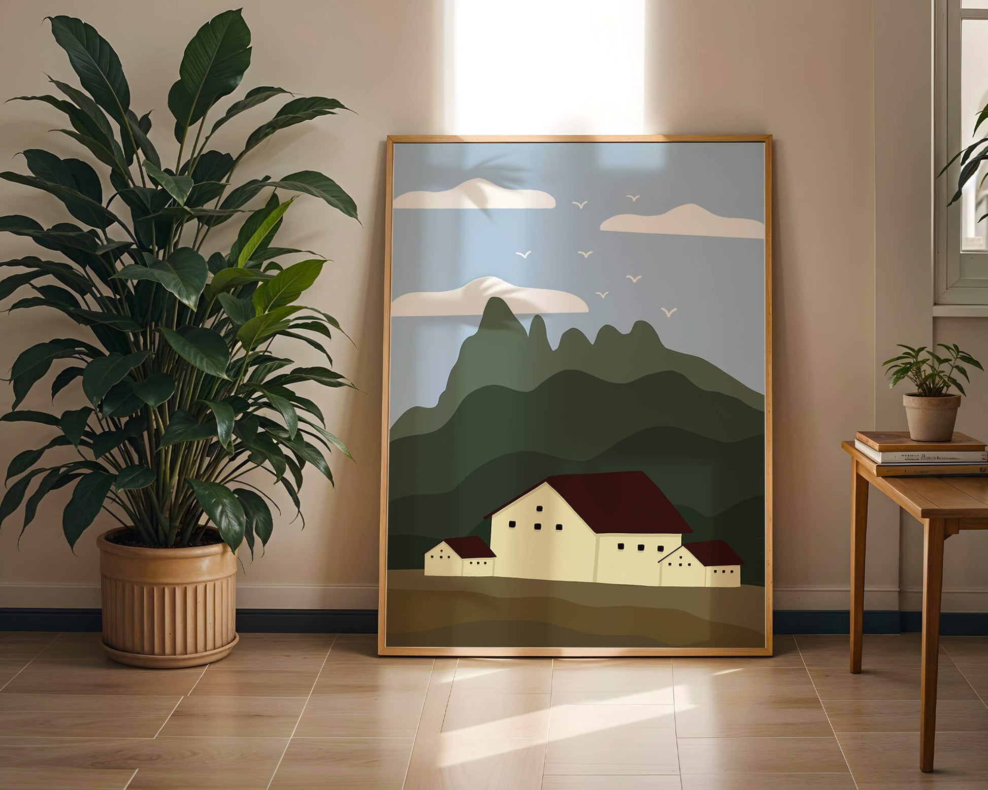 Paisaje minimalista de montaña con casas y pájaros en el cielo