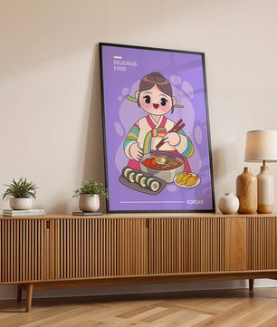 Charming illustration of Korean cuisine with a cheerful character