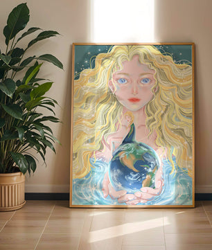 Fantasy artwork of woman holding earth with shimmering details