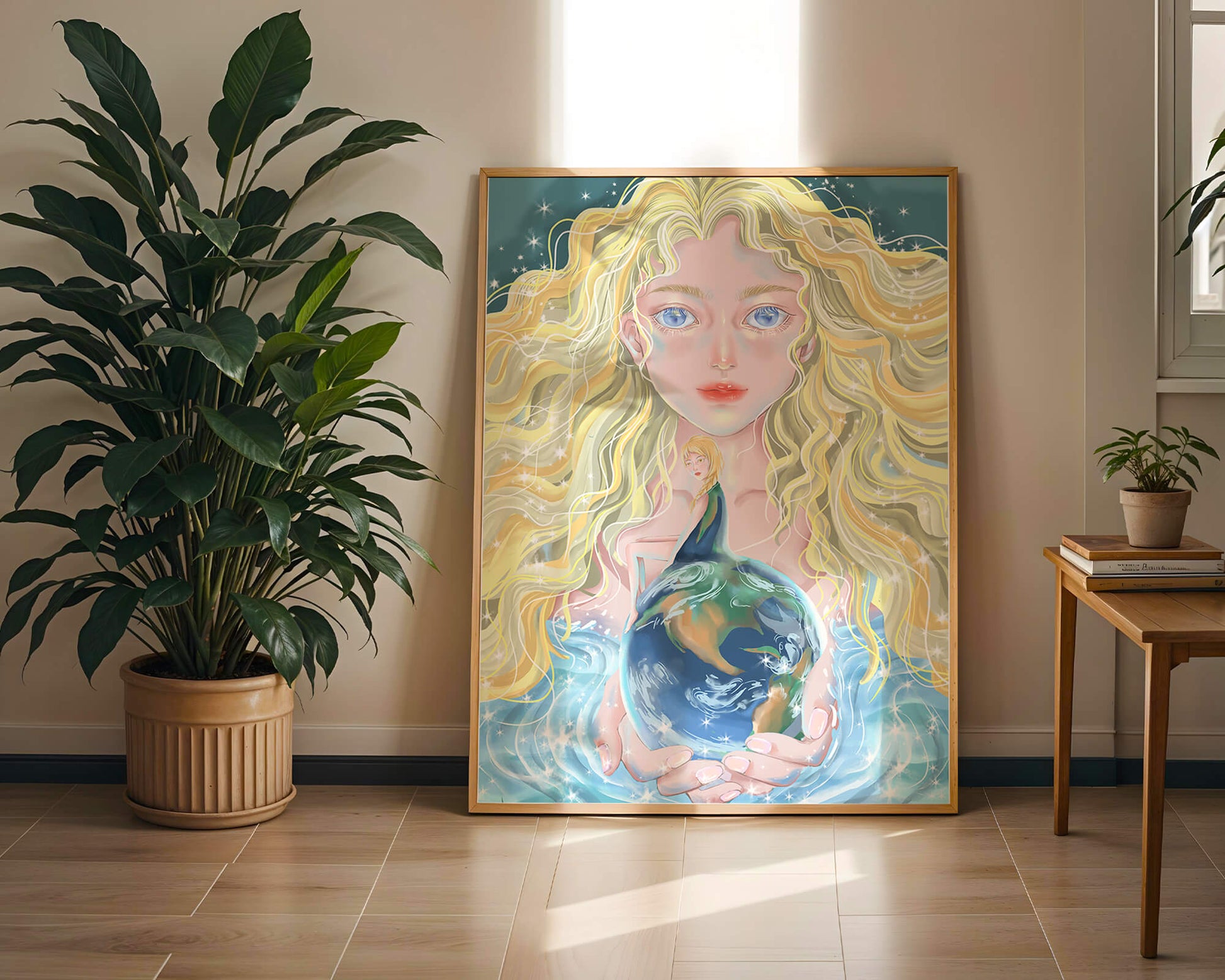 Fantasy artwork of woman holding earth with shimmering details