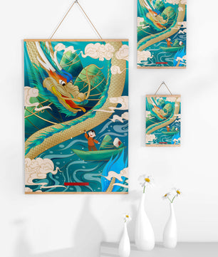 Colorful dragon and child illustration with vibrant waves and clouds