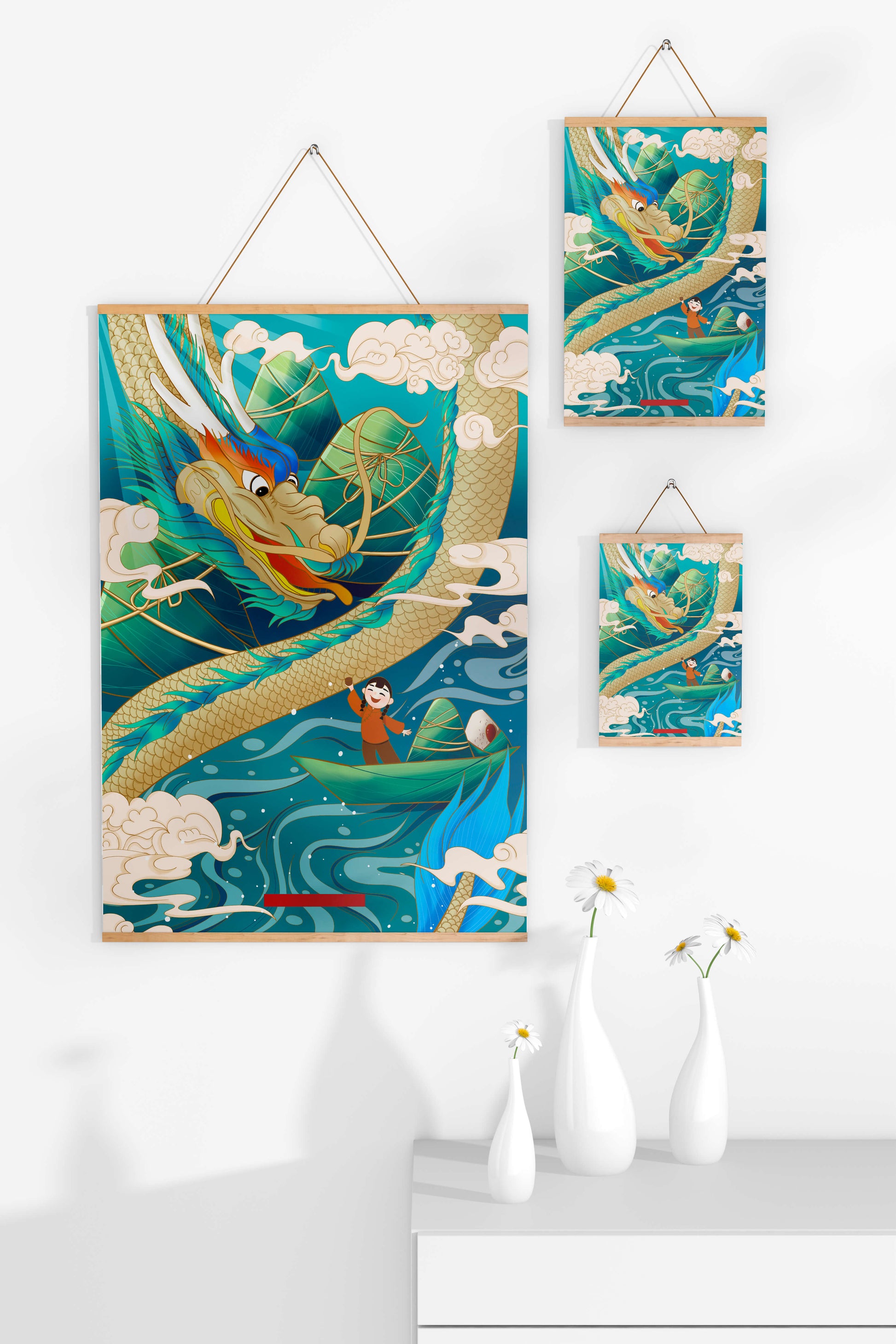 Colorful dragon and child illustration with vibrant waves and clouds