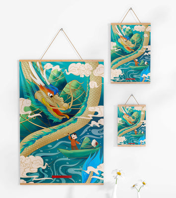 Colorful dragon and child illustration with vibrant waves and clouds