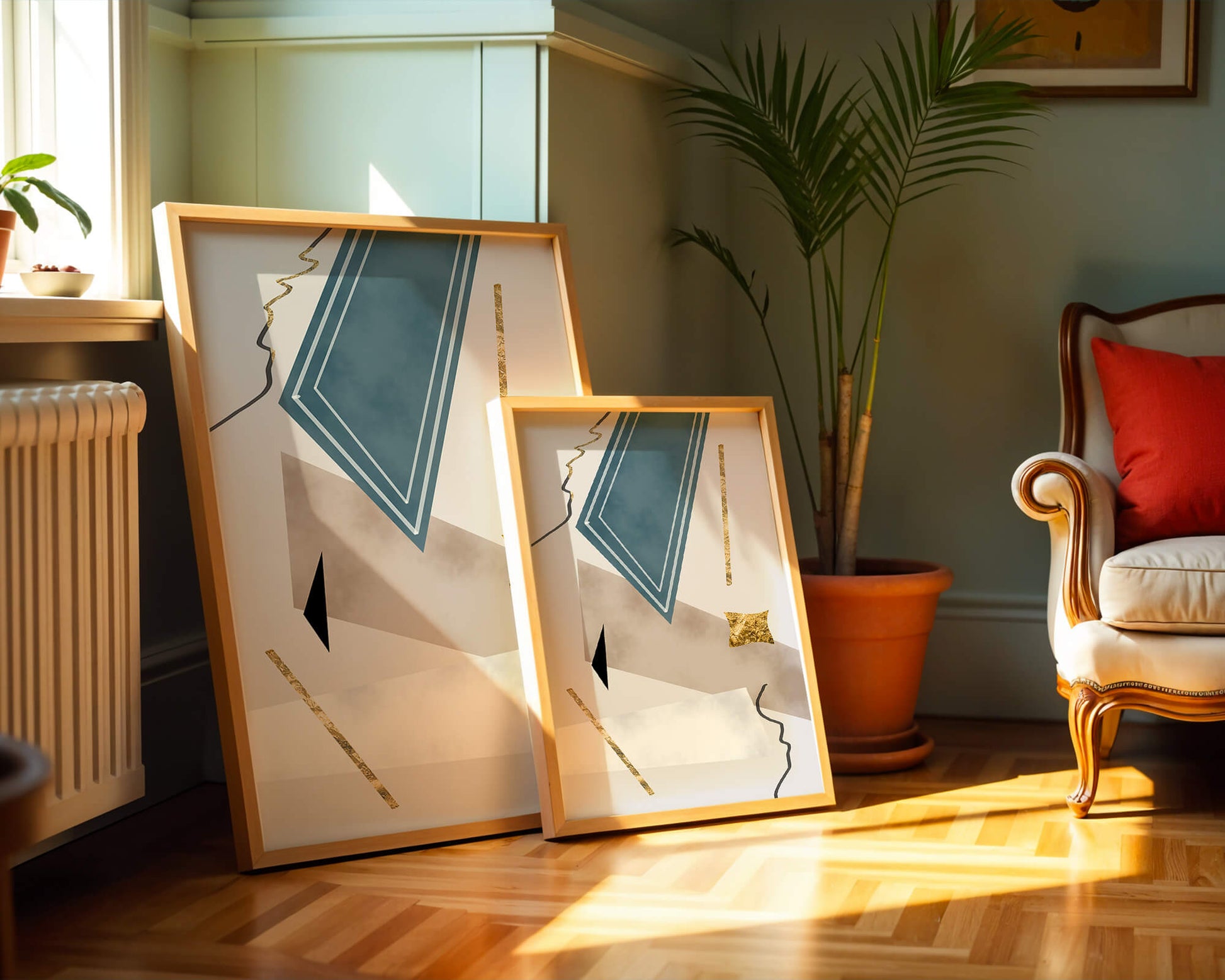 Abstract geometric artwork with gold accents and dynamic shapes