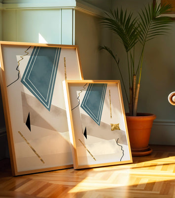 Abstract geometric artwork with gold accents and dynamic shapes