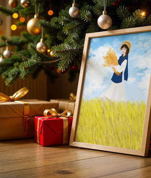 Young girl in a wheat field on a sunny day illustration
