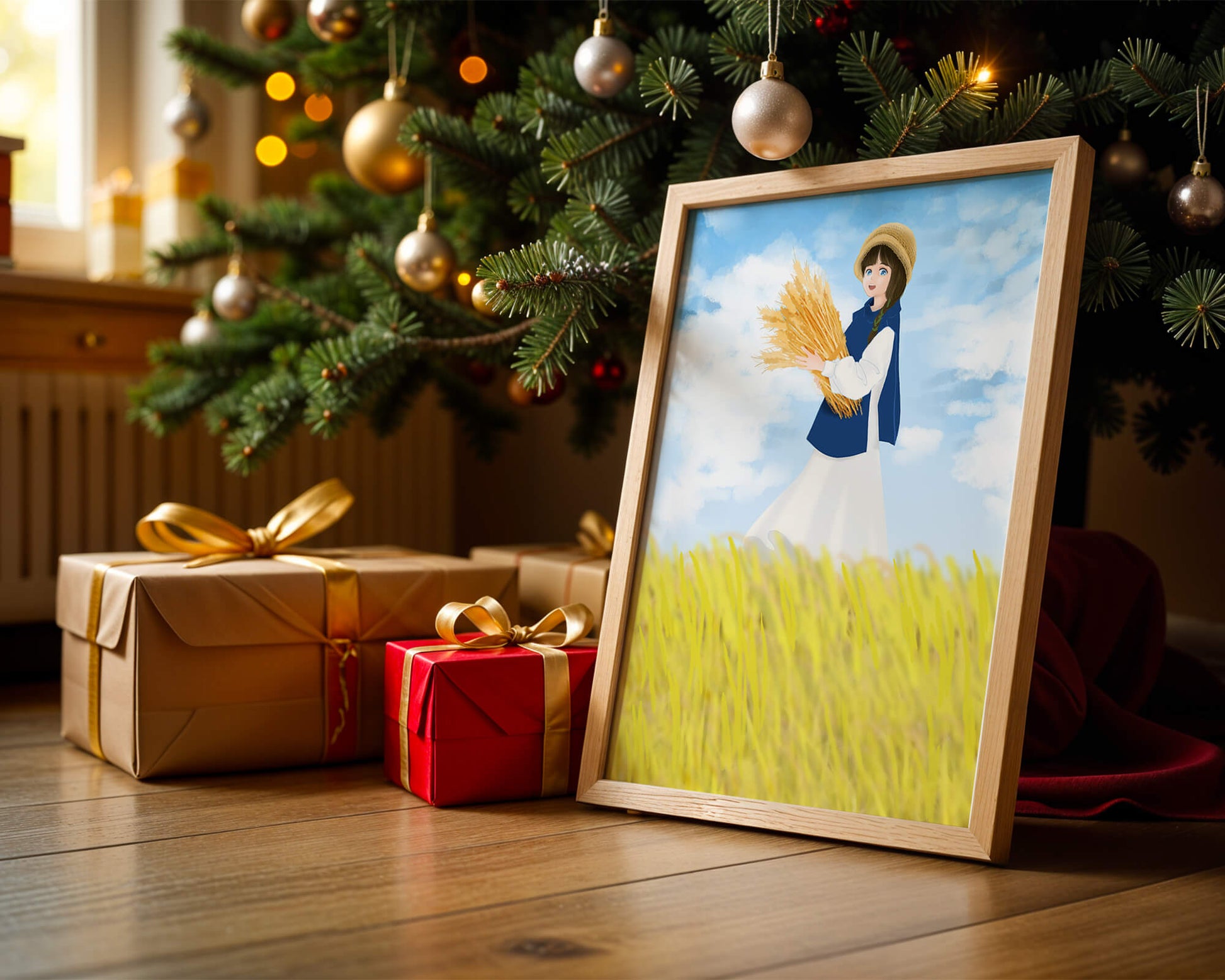 Young girl in a wheat field on a sunny day illustration
