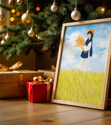 Young girl in a wheat field on a sunny day illustration
