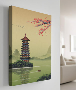 Serene landscape with traditional pagoda and blooming cherry blossoms