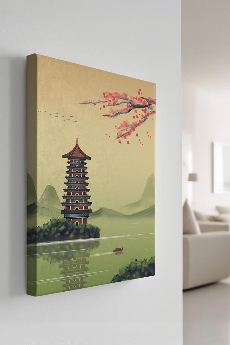 Serene landscape with traditional pagoda and blooming cherry blossoms