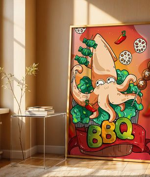 Calamar a la parrilla estilo caricatura peculiar con vegetales