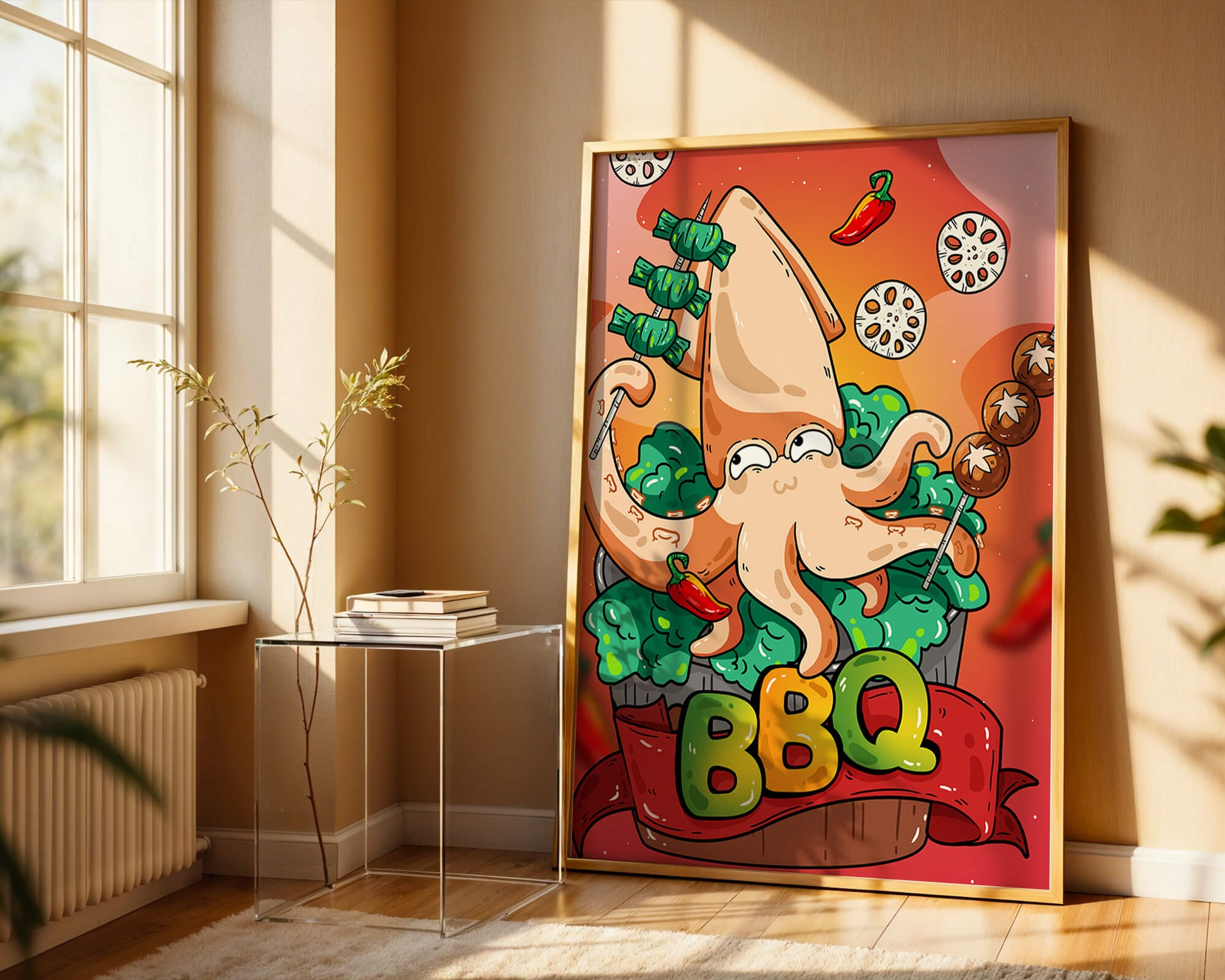 Quirky Cartoon Squid BBQ with Vegetables