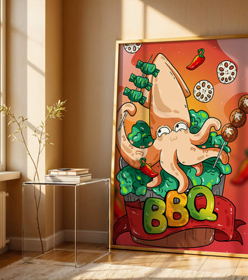 Quirky Cartoon Squid BBQ with Vegetables