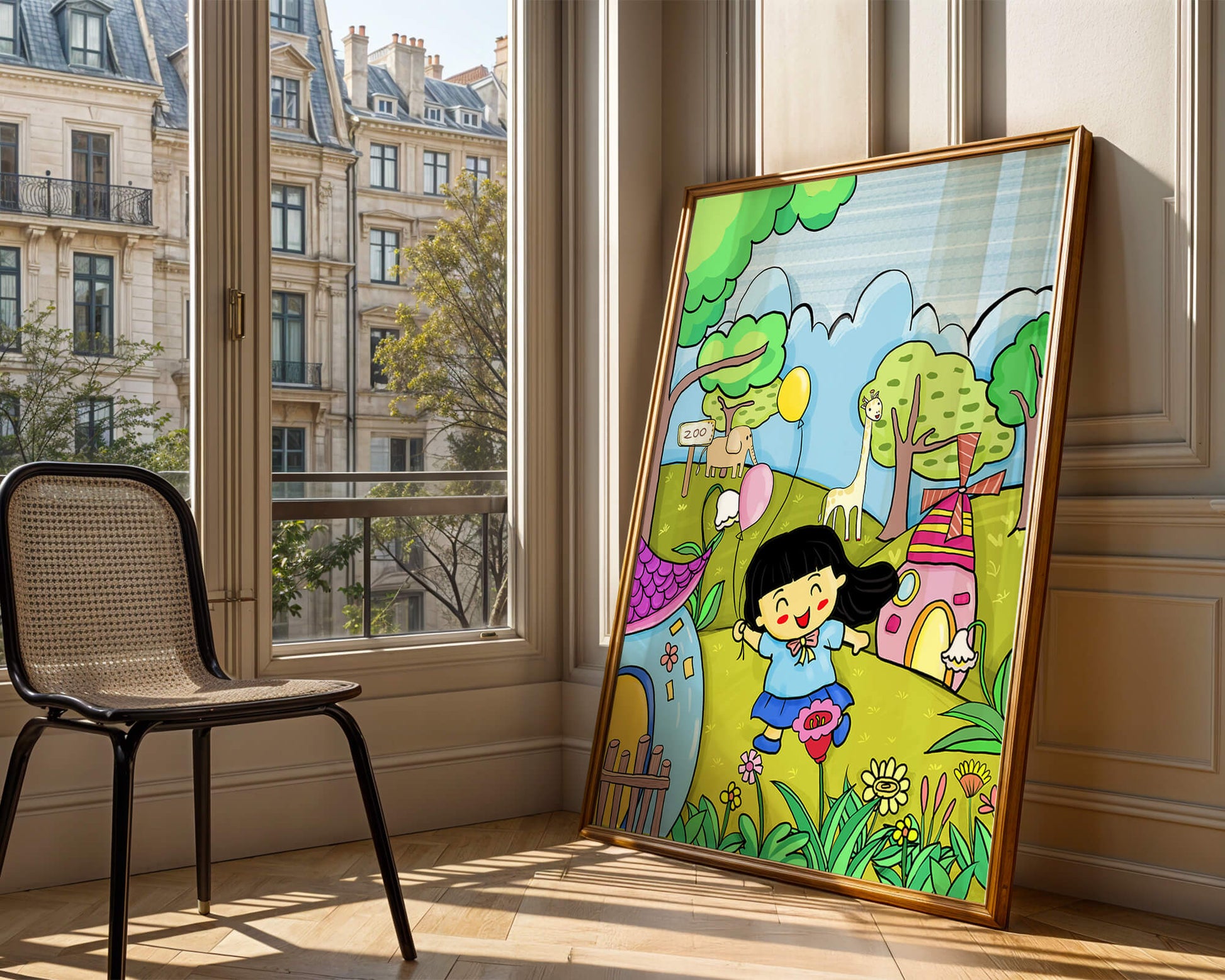 Colorful children's illustration of a joyful zoo visit with animals