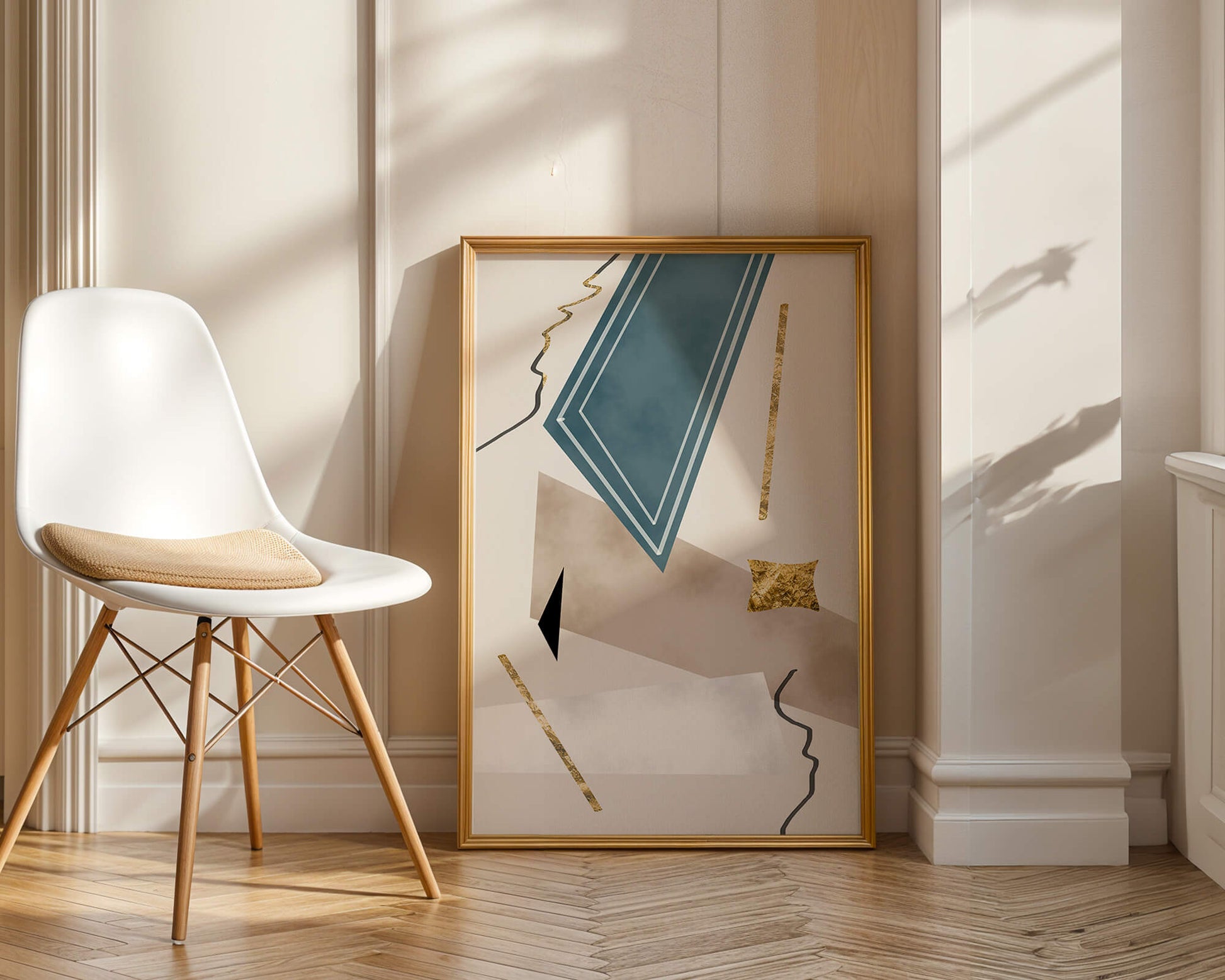 Abstract geometric artwork with gold accents and dynamic shapes