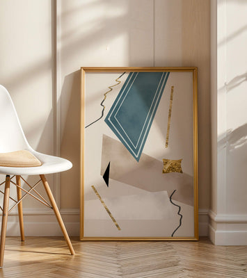 Abstract geometric artwork with gold accents and dynamic shapes
