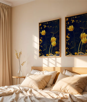 Elegant floral artwork with golden accents on deep blue background