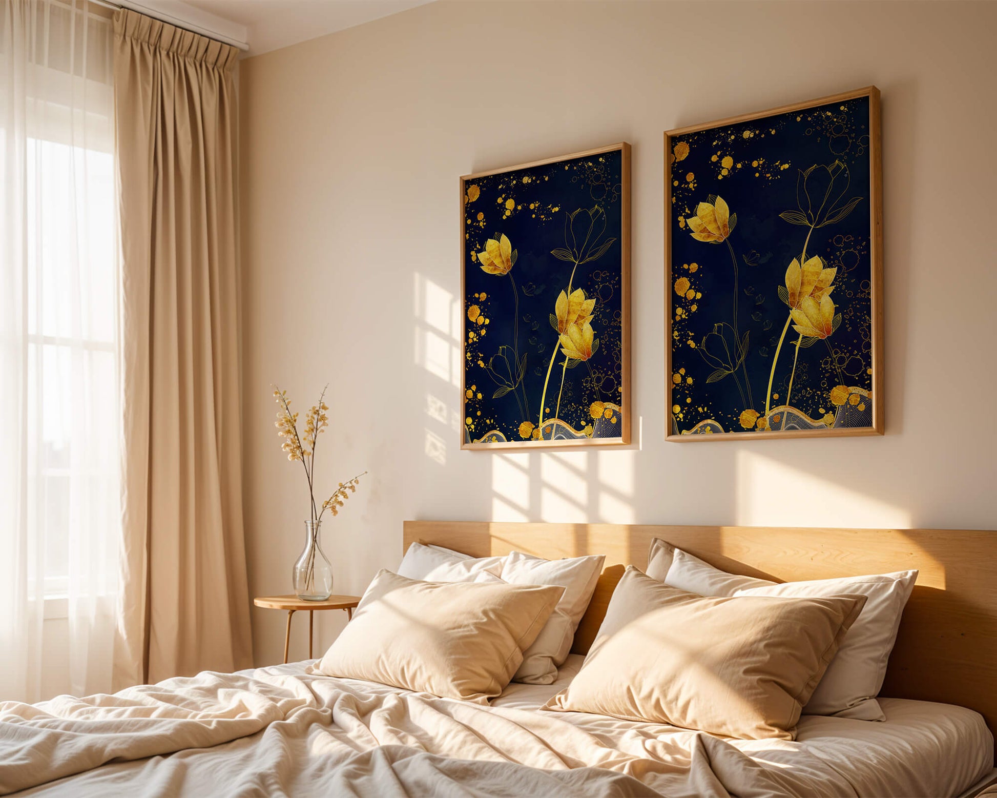 Elegant floral artwork with golden accents on deep blue background