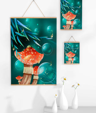 Whimsical forest scene with mushrooms and glowing bubbles
