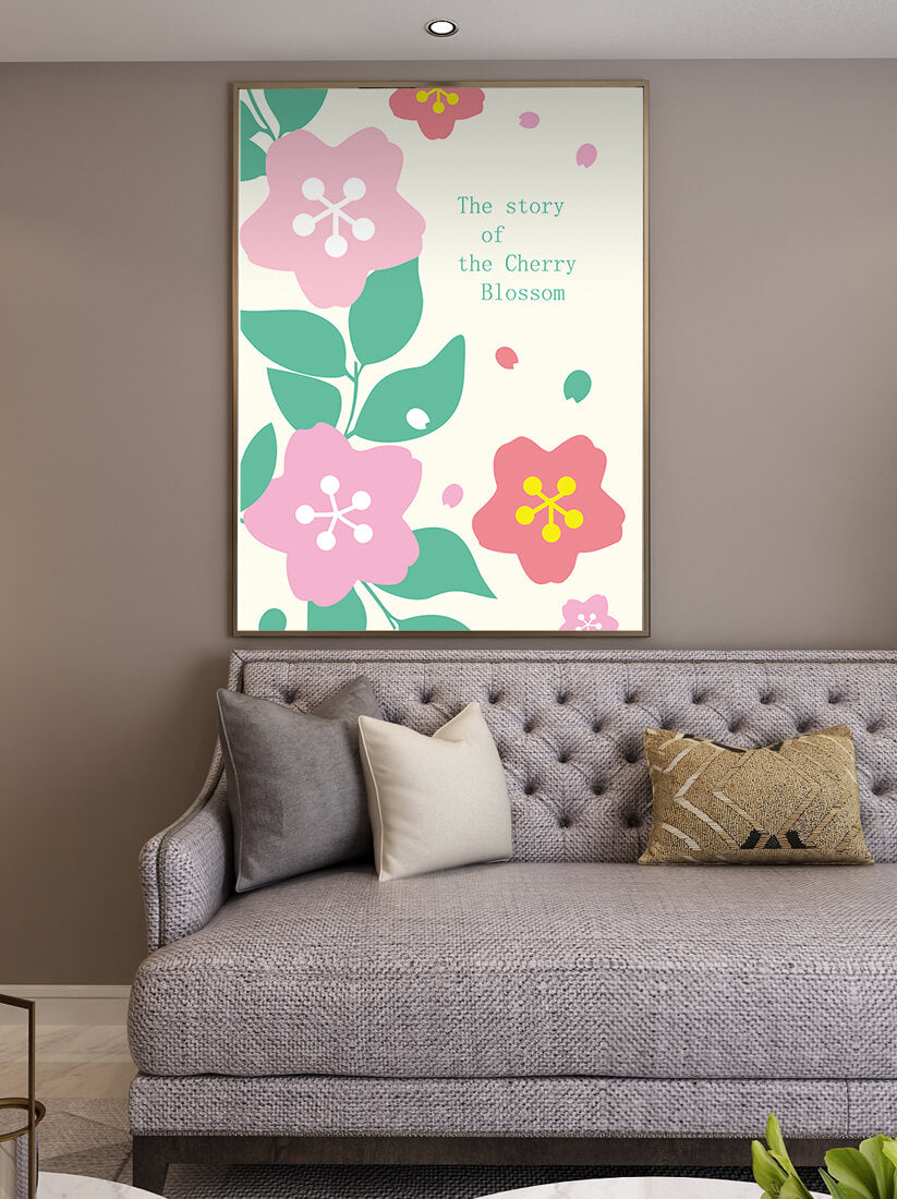 Floral illustration with cherry blossoms and green leaves