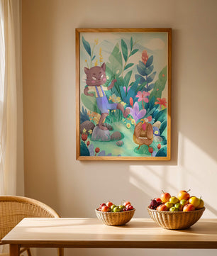 Playful Cat and Chicken in Vibrant Forest Scene Illustration
